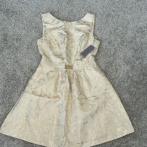 Cream, floral, tank, a-line, fit and flare dress with pockets. Waist gold detail